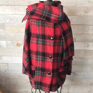 Genuine wool tartan coat with hood & attached fringe scarf